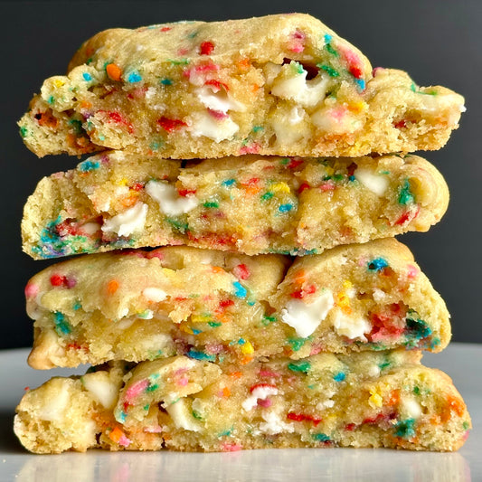 JoJo's cake batter cookie with sprinkles and white chocolate