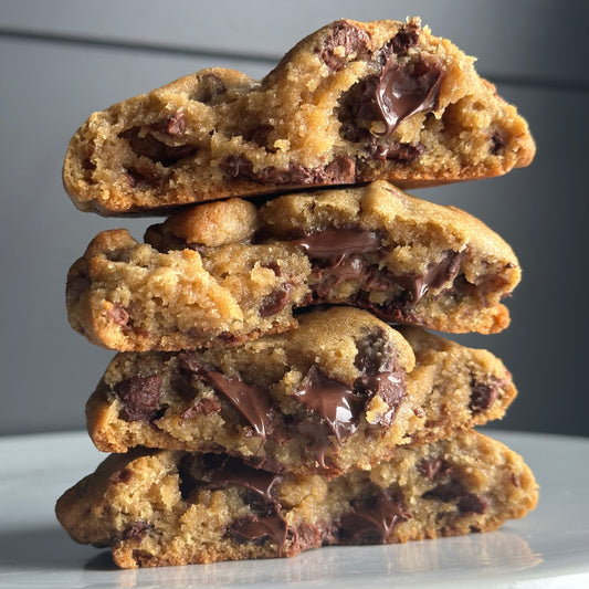 JoJo's thick and chewy chocolate chip cookie with melted chocolate chips